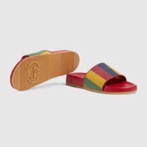 Gucci Baiadera Striped Canvas Slides Sandal in Red Multicolor Men’s 9 Women's 11